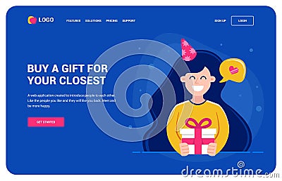 Website template for those who want a gift. Girl holding a gift and smiling. birthday party, character. Vector Illustration