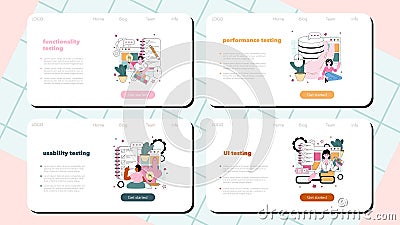Website testing web banner or landing page set. Code Cartoon Illustration