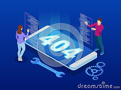 Website under construction page. Isometric error 404 page layout vector design. Website 404 page creative concept. The Vector Illustration
