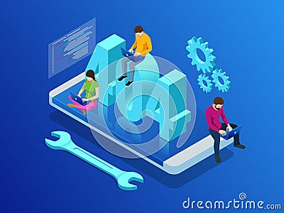 Website under construction page. Isometric error 404 page layout vector design. Website 404 page creative concept. The Vector Illustration