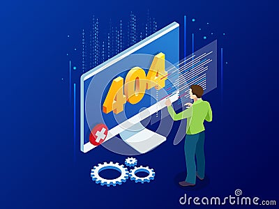 Website under construction page. Isometric error 404 page layout vector design. Website 404 page creative concept. The Vector Illustration