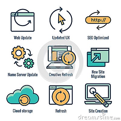 Website Update Icon Set with seo update, site creation, and name server update Vector Illustration
