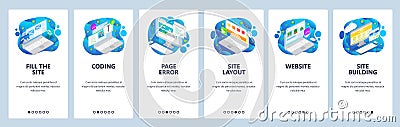 Website wireframe and development, coding, icometric icons. Mobile app onboarding screens. Menu vector banner template Vector Illustration