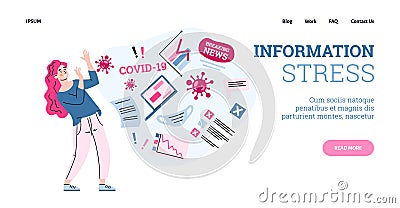 Website with woman suffering of information stress, cartoon vector illustration. Vector Illustration