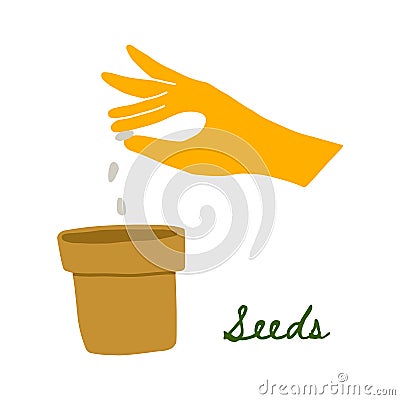 WebVector Illustration of a Hand in a Yellow Rubber Glove Planting Seeds in a Pot Vector Illustration