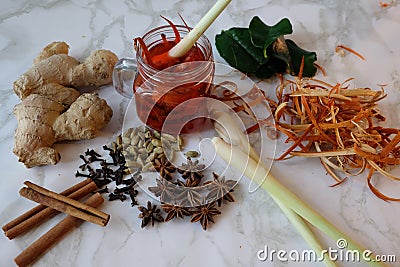 Wedang Uwuh, Indonesian traditional herb drink. Contains a variety of spices Stock Photo