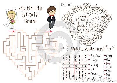 Wedding Activity Book For Kids. The maze heart. Vector Illustration
