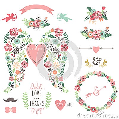 Wedding Angel Wing Vintage Flowers Wreath Vector Illustration