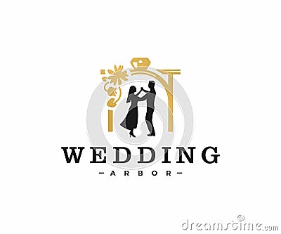 Wedding arbor decorations logo design. Romantic bride and groom dance vector design Vector Illustration