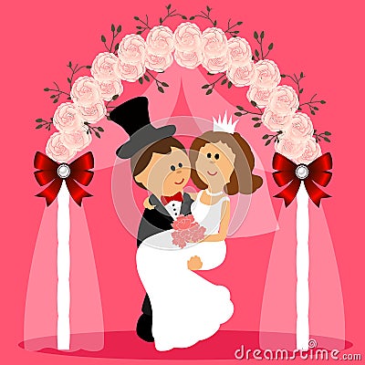 Wedding arch with bride and groom. Vector Illustration