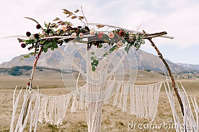 Wedding arch decorated with macrame, flowers and branches stands in the field Stock Photo