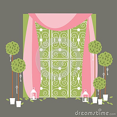 Wedding arch with potted trees and lanterns. Vector Illustration
