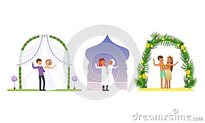 Wedding Arches Set, Newlywed Couples at Marriage Ceremony Cartoon Vector Illustration Vector Illustration