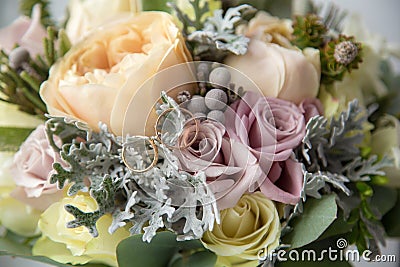 Wedding autumn bouquet with wedding rings Stock Photo