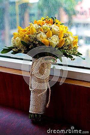 Wedding background. Bride accessories: boutonniere Stock Photo