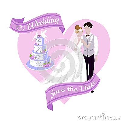 Wedding background with bride and bridegroom, cake, banner and pink heart cartoon vector illustration. Beautiful bride Vector Illustration