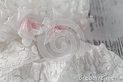 Wedding background with cream silky decoration accessories, lace and pearls Stock Photo