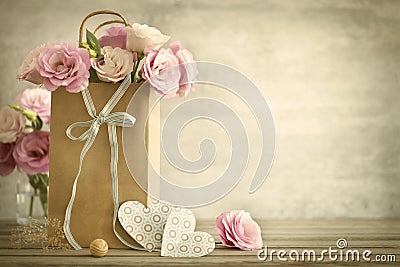 Wedding background with roses flowers and Hearts - vintage styl Stock Photo