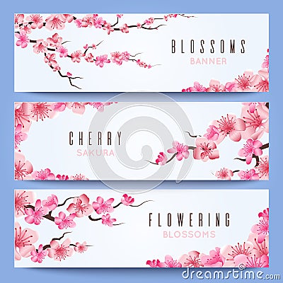 Wedding banners template with spring japan sakura, cherry blossom Vector Illustration