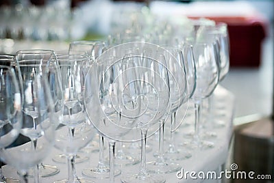 The Wedding Banquet. Banquet in the restaurant. Glasses of champagne in several rows on a mirror tray Stock Photo