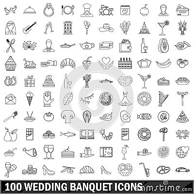 100 wedding banquet icons set, outline style Vector Illustration