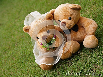 Wedding Bears on the Grass Stock Photo