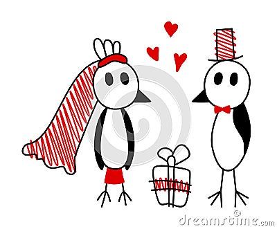 Wedding of birds Bride and groom. Funny illustration. Vector Illustration