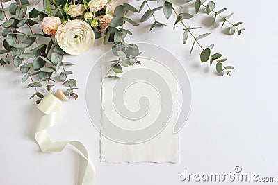 Wedding, birthday mock-up scene with floral bouquet of Persian buttercup, Ranunculus flower, pink roses, eucalyptus Stock Photo