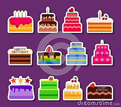Wedding or Birthday vector pie cakes stickers icons set. Cake sweets dessert bakery in flat style. Delicious stickers on Vector Illustration