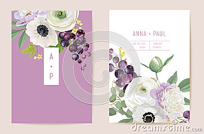 Wedding black currant floral vector card, berry fruits, flowers, leaves invitation. Watercolor anemone, peony Vector Illustration