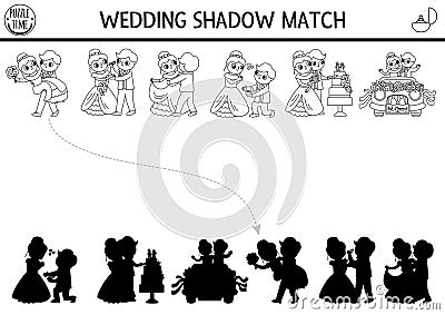 Wedding black and white shadow matching activity with bride, groom. Marriage ceremony puzzle with cute just married couple. Find Vector Illustration