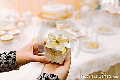 Wedding Bonbonniere with gold ribbon Stock Photo