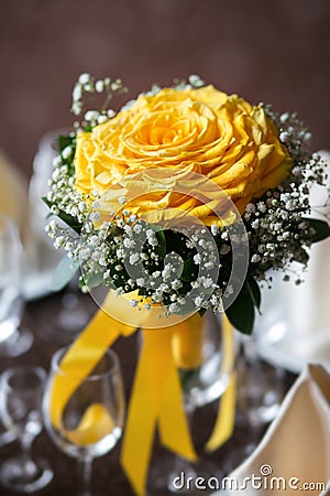 Wedding bouquet of the bride. bouquet flower big rose assembled from a large number of roses petals. decorated with baby Stock Photo