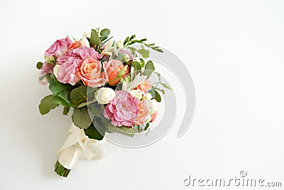 Wedding bouquet with flowers roses on a white background with copy space. minimal concept. mockup Stock Photo