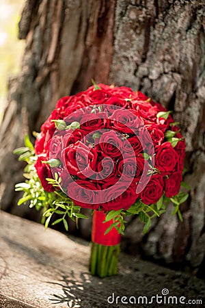 Wedding bouquet of red roses is on the background of tree bark Stock Photo