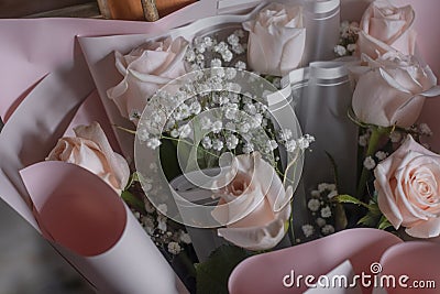 Wedding bouquet in shades of dusty rose, white, green, beige and pink Stock Photo