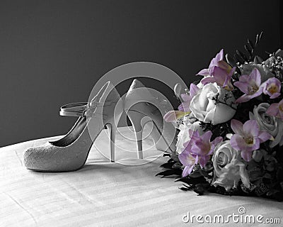 Wedding, bouquet and shoes Stock Photo