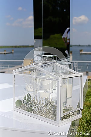 Wedding box with sea in background. Stock Photo