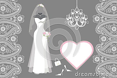 Wedding bridal dress with frame,label,paisley Vector Illustration