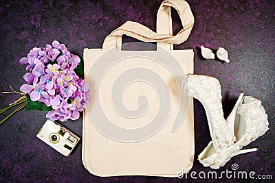 Wedding and bridal party tote bag SVG craft product flat lay mockup. Stock Photo