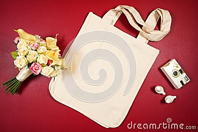 Wedding and bridal party tote bag SVG craft product flat lay mockup. Stock Photo