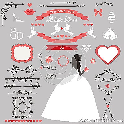 Wedding bridal shower decor set. Bride invitation card Vector Illustration