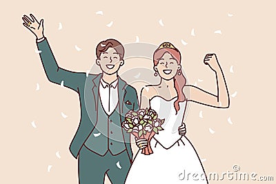 Wedding bride and groom with bouquet waving hand during festive marriage ceremony Vector Illustration