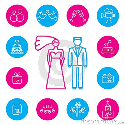 Wedding, bride and groom flat icons set Vector Illustration