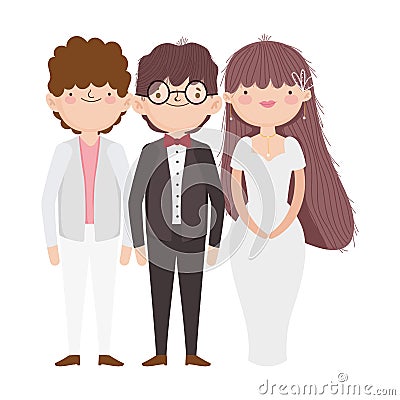 Wedding bride and grooms cartoon characters elegant suits Vector Illustration