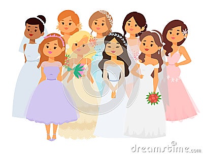 Wedding brides characters vector illustration celebration marriage fashion woman cartoon girl white ceremony marry dress Vector Illustration
