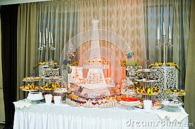 Wedding buffet with huge variety of friuts and different dessert Stock Photo