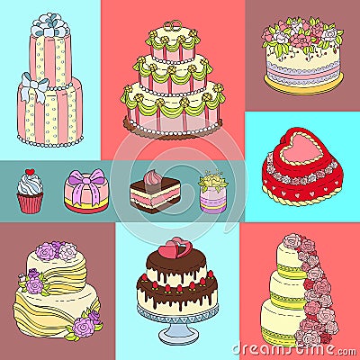 Wedding cake banner vector illustration. Chocolate and fruity desserts for sweet shop with fresh and tasty cupcakes Vector Illustration