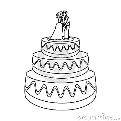 Wedding cake with bride and groom dummies in black and white Vector Illustration