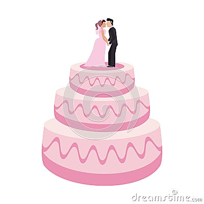 Wedding cake with bride and groom dummies Vector Illustration